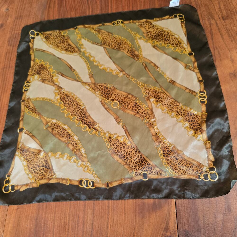 Vintage Kathie Lee Scarf Satin Chain Belt Leopard Green Gold Glam Old Money
